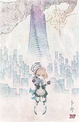 1girl apron back_bow blonde_hair blue_archive boots bow building character_name double_v halo highres long_hair looking_at_viewer maid_apron maid_headdress millennium_science_school_logo no_mouth pouch rocket seabearsnake skyscraper smoke solo standing thigh_boots toki_(blue_archive) v wide_shot