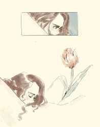 2girls a_song_of_ice_and_fire alicent_hightower blush brown_hair closed_eyes commentary cunnilingus english_commentary flower highres house_of_the_dragon long_hair multiple_girls oral pink_flower pink_tulip rhaenyra_targaryen roguefiction simple_background tulip yellow_background yonic_symbol yuri