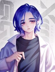 1boy absurdres blue_hair copyright_name gundam gundam_gquuuuuux highres jacket looking_to_the_side male_focus noelsion parted_lips red_eyes shirt short_hair shuji_ito solo upper_body