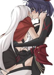 2girls ahoge black_shirt black_shorts blue_eyes blush commentary_request honkai_(series) honkai_impact_3rd imminent_kiss kiana_kaslana long_hair long_sleeves looking_at_another multiple_girls parted_lips purple_eyes raiden_mei shirt shorts simple_background syonosuke9573 white_background white_hair yuri