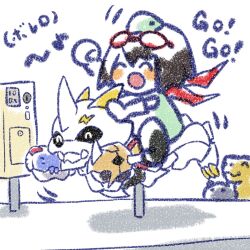 Rule 34 | 1girl, agumon, black hair, botamon, chibi, digimon, digimon (creature), digimon story: time stranger, dress, english text, gerusyu, green dress, green hat, hat, highres, kiddie ride, missing commentary, omegamon, red scarf, scarf, simple background, solo focus, white background, white dress, yuuki kanan
