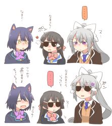 ... 3girls :t animal_ear_fluff animal_ears black_hair black_jacket blazer blush_stickers bow brown_sweater chibi closed_eyes closed_mouth collared_shirt cropped_torso fang grey_hair hair_between_eyes hair_bow hair_ornament hairclip higuchi_kaede higuchi_kaede_(1st_costume) jacket kemonomimi_mode long_hair multiple_girls necktie nijisanji open_clothes open_jacket open_mouth pink_bow ponytail purple_bow purple_eyes purple_necktie rebecca_(keinelove) school_uniform shirt shizuka_rin shizuka_rin_(1st_costume) simple_background smoke spoken_ellipsis star_(symbol) star_hair_ornament sunglasses sweater translation_request tsukino_mito tsukino_mito_(1st_costume) upper_body very_long_hair virtual_youtuber white_background white_bow white_shirt