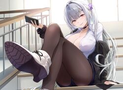 Rule 34 | 1girl, absurdres, black cardigan, black choker, black pantyhose, black shorts, blush, breasts, brown eyes, cardigan, cellphone, choker, cleavage, collarbone, covered erect nipples, crossed legs, grey hair, hair intakes, hair ornament, highres, holding, holding phone, large breasts, long hair, long sleeves, looking at viewer, mappaninatta, mole, mole under eye, no bra, open clothes, open shirt, original, pantyhose, phone, school uniform, shirt, shorts, sidelocks, sitting, smartphone, solo, stairs, star (symbol), star hair ornament, sweater, very long hair, white shirt
