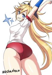 Rule 34 | 1girl, ahoge, arms up, ass, blonde hair, blue eyes, breasts, buruma, clear (djmax), commentary request, djmax, djmax respect, grin, gym uniform, hair between eyes, highres, long hair, looking at viewer, mochachoco, red buruma, shirt, simple background, small breasts, smile, standing, star (symbol), stretching, teeth, thighs, very long hair, white background, white shirt