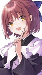 Rule 34 | 1girl, apron, black kimono, blue bow, blush, bow, commentary request, finger to mouth, hair bow, half updo, highres, index finger raised, japanese clothes, kimono, kohaku (tsukihime), looking at viewer, maid, maid apron, open mouth, red hair, short hair, simple background, smile, solo, tanka kikurage, tsukihime, twitter username, upper body, wa maid, white apron, white background, wide sleeves, yellow eyes