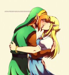 1boy 1girl blonde_hair blue_dress blush brown_hair dress elf grabbing_another&#039;s_ass groping hat hug kiss link long_hair looking_at_another nintendo pointy_ears princess_zelda standing the_legend_of_zelda the_legend_of_zelda:_a_link_to_the_past triforce tunic