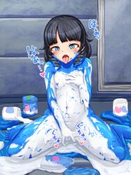 black_hair bodypaint colored_skin highres idolmaster idolmaster_cinderella_girls masturbation multicolored_skin nipples painting_(medium) sound_effects traditional_media ujiie_mutsumi yaneura_(yaneur)