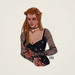 1girl a_court_of_thorns_and_roses_(series) blue_eyes breasts brown_hair choker cleavage closed_mouth collarbone earrings elithien feyre_archeron highres jewelry lips long_hair long_sleeves necklace pointy_ears see-through_clothes see-through_sleeves simple_background single_earring solo star_(symbol) star_print upper_body white_background