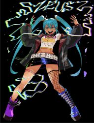 Rule 34 | 1girl, alternate costume, ankle boots, arms up, asymmetrical footwear, belt, black background, black collar, black jacket, black skirt, blue hair, boots, character name, cloud print, collar, crop top, cropped shirt, dark-skinned female, dark skin, ear piercing, electricity, electrokinesis, eyeliner, eyeshadow, fingerless gloves, fishnet thighhighs, fishnets, full body, gloves, greek mythology, green gloves, hatsune miku, jacket, jewelry, knee boots, legs apart, lightning bolt symbol, long hair, long sleeves, looking at viewer, makeup, midriff, miniskirt, mismatched footwear, multicolored hair, multiple rings, nail polish, navel, open clothes, open jacket, open mouth, original, oversized clothes, pencil skirt, piercing, pink boots, pink nails, platform shoes, print shirt, punk, purple boots, red eyeliner, red eyeshadow, ring, shirt, short sleeves, single glove, single thighhigh, skirt, smile, solo, spiked boots, spiked collar, spikes, standing, studded belt, t-shirt, teeth, thigh strap, thighhighs, twintails, two-tone hair, upper teeth only, v-shaped eyebrows, vocaloid, wanderjegson, white belt, white shirt, yellow eyes, zeus (mythology)