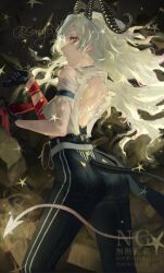 Rule 34 | 1girl, arm strap, ass, black gloves, black horns, black pants, blonde hair, breasts, bright pupils, closed mouth, commentary request, curled horns, gloves, high-waist pants, highres, horns, large breasts, long hair, looking at viewer, necktie, necktie around wrists, pants, red eyes, red necktie, sanngo096, shirt, signature, solo, tacet mark (wuthering waves), tail, tight clothes, tight pants, torn clothes, torn shirt, white pupils, white shirt, wuthering waves, zani (wuthering waves)
