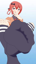 Rule 34 | 1girl, absurdres, feet, foot focus, gabriel dropout, highres, looking at viewer, mini sokay3, open mouth, purple eyes, red hair, satanichia kurumizawa mcdowell, soles, solo, toes
