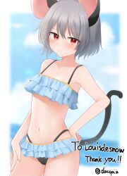 1girl absurdres animal_ears bare_shoulders beach bikini bikini_skirt black_bikini blue_bikini blue_sky blush bob_cut border breasts closed_mouth cloud collarbone commentary commission cowboy_shot cumulonimbus_cloud curled_fingers dakuazu english_commentary expressionless frilled_bikini frills grey_hair hair_between_eyes hand_on_own_hip hand_on_own_thigh highleg highleg_bikini highres looking_at_viewer lowleg lowleg_skirt mixed-language_commentary mouse_ears mouse_tail multicolored_bikini navel nazrin ocean outdoors outside_border red_eyes sand second-party_source short_hair skeb_commission skirt sky small_breasts solo standing sweat sweatdrop swimsuit tail tail_raised thank_you touhou twitter_username two-tone_bikini white_border yellow_trim