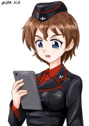 Rule 34 | 1girl, akaboshi koume, black eyes, black jacket, brown hair, frown, garrison cap, girls und panzer, hat, highres, jacket, kuromorimine military uniform, looking at phone, nspa (spa-jcs), phone, red shirt, shirt, short hair, twitter username