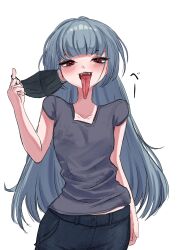 1girl artist_request face_mask fangs long_hair long_tongue mask open_mouth pants red_eyes source_request tagme tongue tongue_out