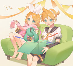 1boy 1girl absurdres anniversary aqua_eyes barefoot black_sailor_collar blonde_hair blush bow commentary confetti couch detached_sleeves hair_bow hair_ornament hairclip hatsune_miku headphones highres jack-in-the-box kagamine_len kagamine_rin knees_up necktie on_couch open_mouth pink_scarf ponytail ribbon sailor_collar scarf shirt short_hair short_ponytail shorts simple_background sitting string_of_flags suiri_(suiri_02) surprised vocaloid white_background white_bow yellow_necktie