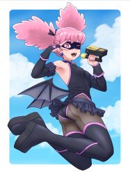 1girl absurdres back-seamed_legwear black_boots black_gloves black_leotard black_skirt blue_sky boku_no_hero_academia boots bridal_gauntlets cloud cloudy_sky earrings elbow_rest eye_mask from_side funoki gloves grey_pantyhose hair_ribbon haneyama_kazuho highres holding holding_microphone jewelry jumping legs_up leotard looking_at_viewer looking_back lowleg lowleg_skirt medium_hair microphone microskirt pantyhose pink_eyes pink_hair pleated_skirt ribbon seamed_legwear skirt sky sleeveless solo thigh_boots twintails v v_over_eye vigilante_-boku_no_hero_academia:_illegals-