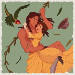 1boy 1girl brown_hair dark-skinned_male dark_skin dress hair_bun hat highres jane_porter long_hair looking_at_viewer makeup mizala muscular muscular_male plant short_hair simple_background smile tarzan_(disney) tarzan_(disney_movie) vines yellow_dress