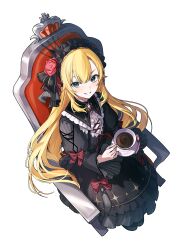 1boy absurdres black_dress black_hairband blonde_hair blush commentary_request crossdressing crown cup dress flower frilled_hairband frills gothic_lolita green_eyes groin hair_flower hair_ornament hairband highres holding holding_cup holding_saucer lolita_fashion long_hair looking_at_viewer male_focus mini_crown nijisanji on_chair pinstripe_bow red_flower saucer simple_background sitting sitting_on_throne solo throne tone_haruma transparent_background trap uzuki_kou uzuki_kou_(4th_costume) very_long_hair virtual_youtuber
