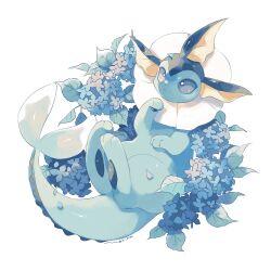 animal_focus blue_eyes blue_flower flower gen_1_pokemon highres merino_(merino_9999) nintendo no_humans pokemon pokemon_(creature) signature simple_background solo vaporeon white_background