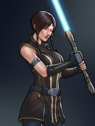 Rule 34 | 1girl, absurdres, black pants, blue lightsaber, brown hair, brown tunic, closed eyes, energy sword, highres, holding, holding sword, holding weapon, invictarex, lightsaber, pants, satele shan, sleeveless tunic, solo, star wars, star wars: the old republic, sword, tunic, weapon