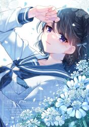 1girl arm_up backlighting black_hair blue_bow blue_neckerchief blue_sailor_collar blush bow braid closed_mouth commentary_request crying crying_with_eyes_open day english_text fingernails flower hair_between_eyes hair_bow highres long_sleeves looking_at_viewer lying neckerchief nekozuki_yuki on_back original petals puffy_long_sleeves puffy_sleeves purple_eyes sailor_collar school_uniform serafuku shirt smile solo sunlight tears watermark white_background white_flower white_shirt