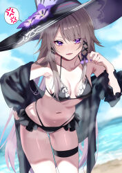 1girl absurdres anger_vein beach bikini black_bikini black_coat blue_sky breasts brown_hair coat commentary_request hat herta_(honkai:_star_rail) highres honkai:_star_rail honkai_(series) leaning_forward long_hair medium_breasts navel ocean outdoors purple_eyes sky solo spoken_anger_vein swimsuit the_herta_(honkai:_star_rail) thigh_strap thighhighs tonomiya68 very_long_hair witch_hat