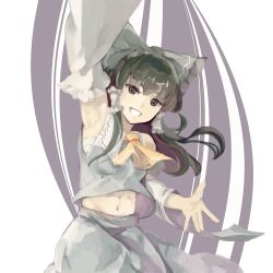 absurdres alternate_color armpits ascot bad_tag black_hair bow crossover detached_sleeves frilled_bow frilled_hair_tubes frills grey_bow grey_skirt hair_bow hair_tubes hakurei_reimu hakurei_toki highres hokuto_no_ken lao_yang_hua_pu looking_at_viewer m.u.g.e.n midriff ribbon-trimmed_sleeves ribbon_trim skirt skirt_set smile touhou yellow_ascot