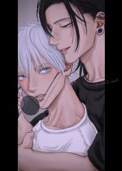 2boys absurdres adam&#039;s_apple black_hair black_shirt blue_eyes coco_chaos getou_suguru glasses gojou_satoru highres hug hug_from_behind jujutsu_kaisen lips looking_at_another male_focus multiple_boys pillarboxed plug_(piercing) round_eyewear shirt short_hair teeth upper_body white_shirt