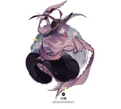 Rule 34 | 1girl, arms up, ascot, black hat, black skirt, bow, closed eyes, closed mouth, commentary, english text, glitch, hat, hat bow, highres, long sleeves, nagae iku, pink ascot, pink shirt, purple bow, purple hair, reeh (yukuri130), shirt, short hair, simple background, skirt, smile, solo, touhou, touhou hisoutensoku, white background