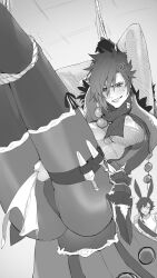 2girls anger_vein animal_ears arms_up ass boots bound bound_legs bound_wrists breasts ceiling final_fantasy final_fantasy_xiv fishnet_top fishnets gloves greyscale hanging highres holster hyur japanese_clothes knee_boots knife knife_sheath knife_sheath large_breasts legs_up lips long_hair mole mole_under_eye monochrome multiple_girls ninja_(final_fantasy) nipples no_bra pantyhose parted_lips rabbit_ears rope scarf sheath shishamo_712 short_hair short_sleeves side_ponytail sketch smile solo_focus thigh_holster throwing_knife torn_clothes trapped viera warrior_of_light_(ff14) weapon