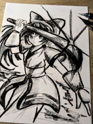 1girl ainu_clothes black_hair breasts fingerless_gloves gloves hair_ribbon highres legs long_hair looking_at_viewer monochrome nakoruru pants ribbon samurai_spirits sketch small_breasts smile snk solo sword the_king_of_fighters thighs traditional_media weapon