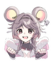 Rule 34 | 1girl, absurdres, black gloves, braid, brown eyes, brown hair, clenched hands, commentary request, cropped torso, fingerless gloves, fur-trimmed jacket, fur trim, gloves, hair intakes, hands up, highres, jacket, light blush, looking at viewer, low twin braids, lumi (wuthering waves), open mouth, pink jacket, simpelplant, smile, solo, thick eyebrows, twin braids, uissu, white background, wuthering waves
