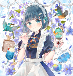 1girl apron bag bird blue_dress blue_eyes blue_hair blue_nails blurry blurry_background blush cherry collared_dress commentary_request cookie cowboy_shot cup dress food fruit hair_ornament holding holding_food holding_spoon hummingbird ice_cream ice_cream_float lemon lemon_slice looking_at_viewer maid maid_headdress nail_polish original paper_bag parfait petals short_hair smile solo spoon teacup teapot tententuyu upper_body white_background white_wrist_cuffs wrist_cuffs x_hair_ornament