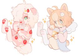 2girls ahoge angel_wings animal_ears animal_feet animal_hands aqua_eyes blonde_hair blue_dress blue_eyes brown_fur chibi chibi_only commentary curly_hair digitigrade doekis dog_ears dog_girl dog_tail dress drink english_commentary food fruit furry furry_female highres looking_at_viewer multiple_girls original pawpads pink_fur pink_sweater simple_background strawberry sweater tail white_background white_hair wings