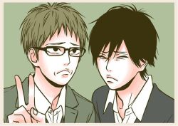 black_eyes black_hair brown_hair closed_eyes closed_mouth disgust glasses green_background green_hair green_jacket hagita_saku jacket male_focus naruse_kakeru orange_(takano_ichigo) school_uniform shirt short_hair simple_background white_shirt
