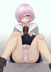 1girl animal_print black_dress bow bow_panties closed_mouth clothes_lift collared_shirt crotch_seam dress fate/grand_order fate_(series) glasses hair_over_one_eye highres looking_at_viewer m_legs mash_kyrielight necktie no_legwear paid_reward_available panties pink_hair pink_panties print_panties purple_eyes rabbit_panties rabbit_print red_necktie shirt short_hair sitting sitting_on_stairs skirt skirt_lift smile solo stairs sweater tanakaminos underwear white_background