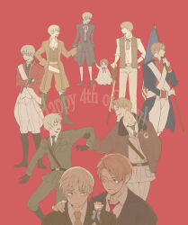 2boys :o age_progression america_(hetalia) angry ascot axis_powers_hetalia baggy_pants bags_under_eyes belt black_belt black_boots black_bow black_bowtie black_coat black_gloves black_pants black_shirt blonde_hair blue_bow blue_coat blue_eyes boots bow bowtie brown_belt brown_hair brown_jacket brown_shoes brown_vest chest_belt child coat collared_jacket collared_shirt commentary_request crossed_arms eye_contact flag flower formal_clothes fourth_of_july frilled_ascot frills glasses gloves green_jacket green_pants grey_belt grey_pants grey_shorts gun hand_on_another&#039;s_shoulder hand_on_own_hip high_collar highres holding holding_another&#039;s_arm holding_flag holding_flower holding_gun holding_hands holding_weapon jacket knee_boots lapels loafers looking_at_another male_focus military_uniform multiple_boys multiple_views notched_lapels one_eye_closed open_clothes open_coat open_mouth open_vest oversized_clothes pants pants_under_shorts pantyhose pocket pointy_nose red_background red_bow red_bowtie red_coat red_shirt rose sash shirt shoes shorts shotgun simple_background sleeve_cuffs star_(symbol) star_print surprised thick_eyebrows united_kingdom_(hetalia) vest victorian weapon white_ascot white_flower white_pants white_pantyhose white_rose white_sash white_shirt yaoi yukiss