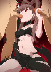 1girl 2boys amano_nene_(digimon_xros_wars) breasts brown_hair censored collarbone commentary_request commission covered_erect_nipples dark_persona digimon digimon_xros_wars fellatio female_masturbation group_sex handjob hetero highres long_hair masturbation medium_breasts mmf_threesome mosaic_censoring multiple_boys navel oral penis ponytail purple_eyes shademon skeb_commission stomach testicles thighs threesome yu-ta
