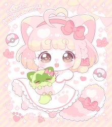 1girl :3 ahoge animal animal_ears birthday blonde_hair borrowed_character bow braid brown_eyes cat cat_ears cat_girl cat_tail chibi chibi_only chibikemo commentary_request dress fluffy furry furry_and_animal furry_female gradient_hair happy_birthday heart highres holding holding_animal holding_cat lolita_fashion love_ball multicolored_hair nintendo noclo326 original pink_bow pink_dress pink_hair pink_theme poke_ball pokemon pokemon_(creature) short_hair solo_focus sprigatito sweet_lolita tail tail_bow tail_ornament translation_request yume_kawaii