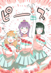 3girls 4th_live_dream_~bloom_the_dream_believers~ :d ^_^ absurdres arm_up blush bow cerise_bouquet closed_eyes collarbone commentary_request cowboy_shot dress erako9 facing_viewer frilled_dress frills green_hair hair_bow highres hinoshita_kaho link!_like!_love_live! long_hair love_live! medium_hair momose_ginko multiple_girls official_alternate_costume open_mouth otomune_kozue ponytail short_hair sidelocks single-shoulder_dress single_bare_shoulder smile sparkle v v_over_eye virtual_youtuber white_background white_dress yume_wazurai