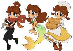 1girl apron black_gloves black_pants black_shirt black_socks blue_eyes blush_stickers boots bracelet brown_footwear brown_hair brown_scarf chef_hat cosplay dress earrings fingerless_gloves flower_earrings food gloves hat highres holding holding_food holding_weapon jewelry kunai mario_(series) mermaid mermaid_peach mermaid_peach_(cosplay) mimimi_(mimimim9999) monster_girl multiple_persona necklace ninja_peach ninja_peach_(cosplay) nintendo pants patissiere_peach patissiere_peach_(cosplay) pearl_necklace princess_daisy princess_peach princess_peach:_showtime! princess_peach_(cosplay) puffy_sleeves sandals scarf shirt simple_background sleeveless sleeveless_shirt socks waist_apron weapon white_apron white_background white_hat yellow_dress zouri