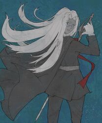 1girl absurdres black_cape blue_background blue_eyes cape dark-skinned_female dark_skin gensou_getsumen_rt greyscale_with_colored_background hellsing highres holding holding_sword holding_weapon integra_hellsing long_hair looking_at_viewer rapier round_eyewear solo sword weapon white_hair