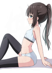 Rule 34 | 1girl, absurdres, arm support, bare arms, bare shoulders, black thighhighs, blue bra, blue eyes, blue panties, blush, bow, bow panties, bra, breasts, closed mouth, commentary request, feet out of frame, from side, highres, knee up, long hair, looking at viewer, looking to the side, original, panties, ponytail, profile, shadow, simple background, sitting, small breasts, solo, sweat, takasuma hiro, thighhighs, underwear, underwear only, very long hair, white background