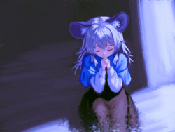 1girl absurdres animal_ear_fluff animal_ears black_skirt closed_eyes closed_mouth flandzen grey_hair highres long_sleeves mouse_ears nazrin own_hands_together praying short_hair sitting skirt solo touhou wariza