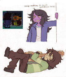 1girl 1other alternate_skin_color colored_skin colored_teeth deltarune freckles furry furry_female guitar highres holding holding_guitar holding_instrument instrument kris_(deltarune) pants purple_skin reptile_girl susie_(deltarune) szivarvanyturmix02 teeth tomboy yellow_teeth
