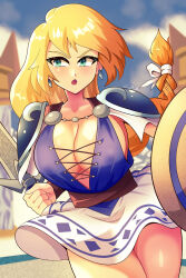 1girl armor blonde_hair blue_sky braid breasts cleavage cloud earrings green_eyes highres jewelry large_breasts long_hair shield shoulder_armor sideboob sky snowman_(artist) sophitia_alexandra soul_calibur sword weapon