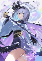 1girl alternate_costume black_hairband black_ribbon blue_eyes blue_hakama blunt_bangs bob_cut cape closed_mouth falken_(yutozin) grey_hair hair_ribbon hairband hakama hakama_short_skirt hakama_skirt highres holding holding_sword holding_weapon japanese_clothes katana konpaku_youmu konpaku_youmu_(ghost) looking_at_viewer revision ribbon short_hair skirt solo sword thighs touhou water weapon