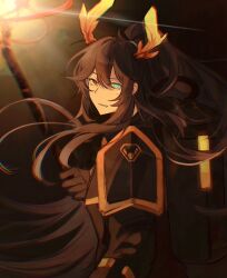 Rule 34 | 1boy, antlers, armor, black armor, black background, black bodysuit, black eyes, black gloves, black hair, blue eyes, bodysuit, gloves, heterochromia, high ponytail, highres, holding, holding staff, hong lu (project moon), horns, limbus company, llllao216913, long hair, looking at viewer, male focus, ponytail, project moon, r corp. (identity) (project moon), reindeer antlers, simple background, solo, staff, upper body, very long hair