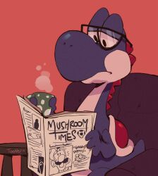 2boys blue_yoshi chair cup datoonie english_text facial_hair glasses hat highres holding holding_cup holding_newspaper indoors luigi male_focus mario_(series) multiple_boys mustache newspaper nintendo reading sitting steam yoshi