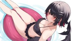 1girl absurdres alternate_costume bare_shoulders bikini black_bikini black_hair breasts cleavage closed_mouth colored_inner_hair ellen_joe feet_out_of_frame fins fish_tail frilled_bikini frills hair_ornament hairclip halterneck highres innertube looking_at_viewer medium_breasts mole mole_under_eye mugripley multicolored_hair navel red_eyes red_hair shark_tail short_hair solo stomach string_bikini swim_ring swimsuit tail thighs two-tone_hair x_hair_ornament zenless_zone_zero